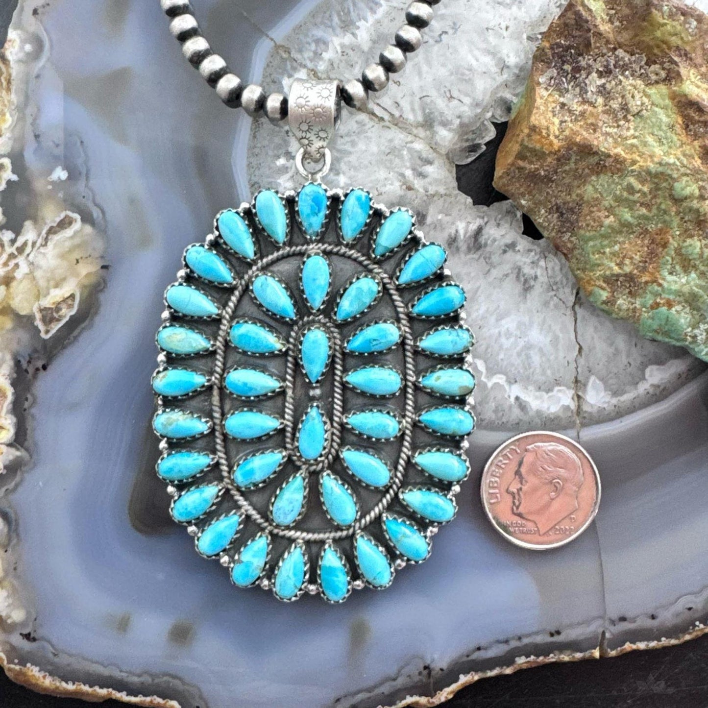 Sterling Silver Southwestern Style Kingman Turquoise Large Cluster Pendant For Women