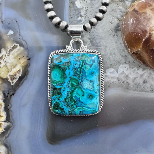 Sterling Silver Southwestern Style Rectangle Azurite Malachite Unisex Pendant