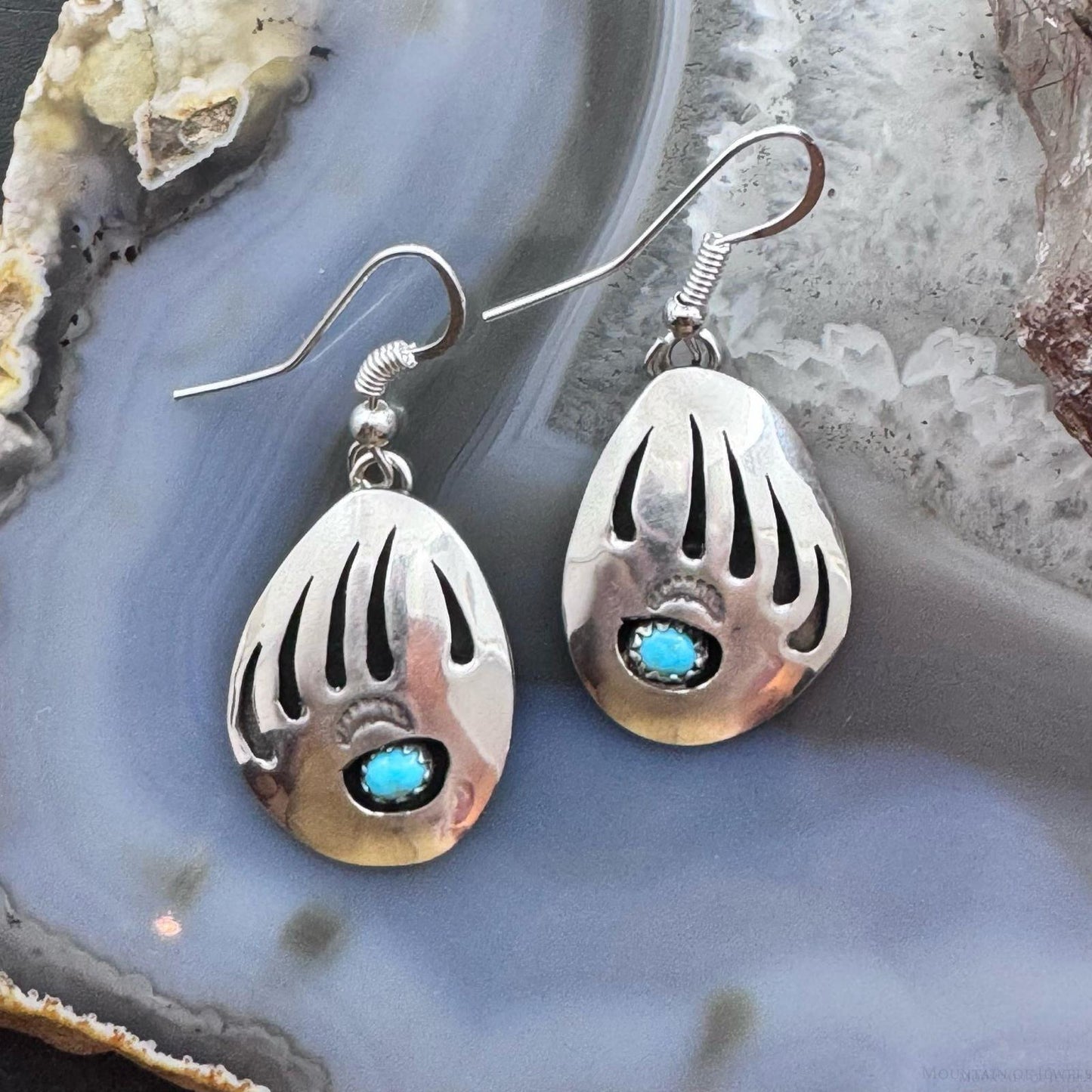 Native American Sterling Silver Bear Claw w/Turquoise Dangle Earrings For Women