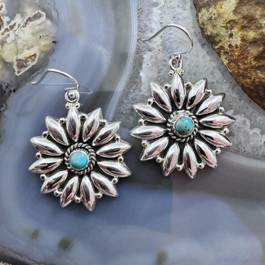 Sterling Silver Southwestern Style Turquoise Floral Dangle Earrings For Women