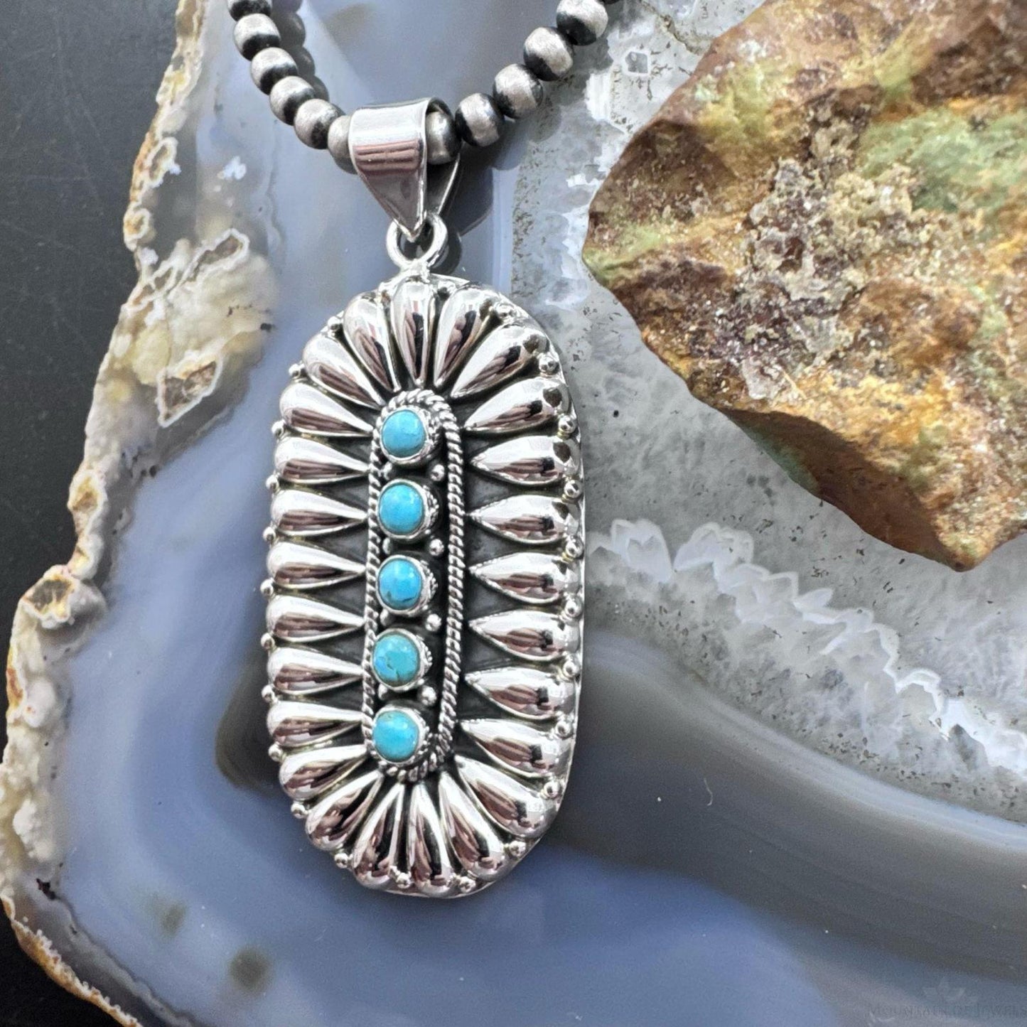 Sterling Silver Southwestern Style Turquoise & Silver Teardrop Cluster Pendant For Women