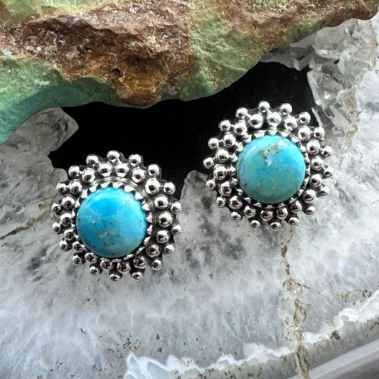 Sterling Silver Southwestern Style Rounded Turquoise Decorated Stud Earrings For Women