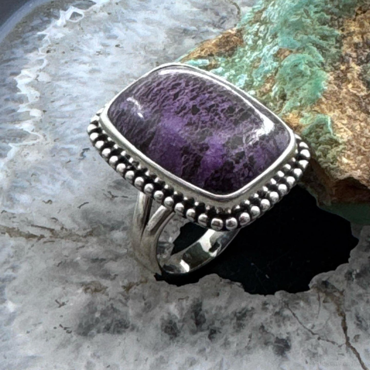 Sterling Silver Southwestern Style Purpurite Decorated Bar Ring Size 8 For Women