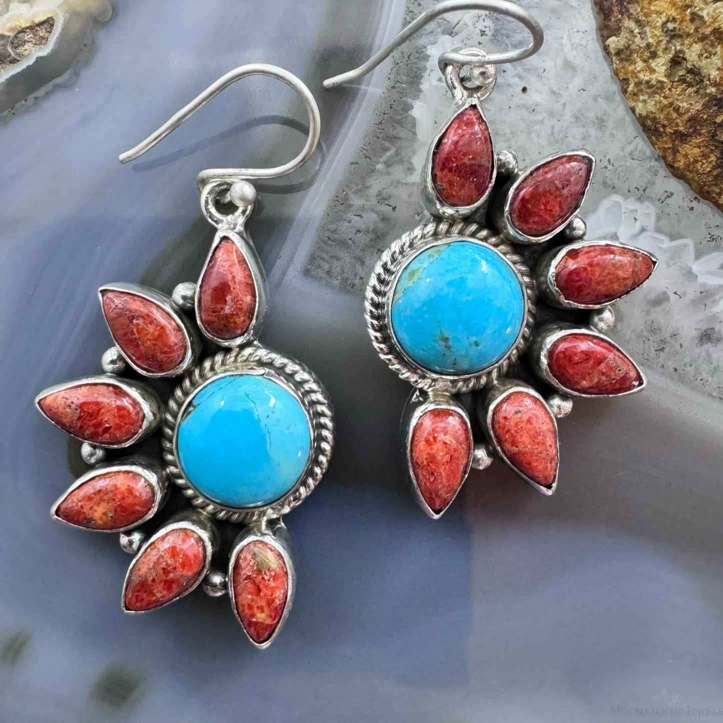 Sterling Silver Southwestern Style Turquoise/Coral Half-flower Cluster Dangle Earrings For Women