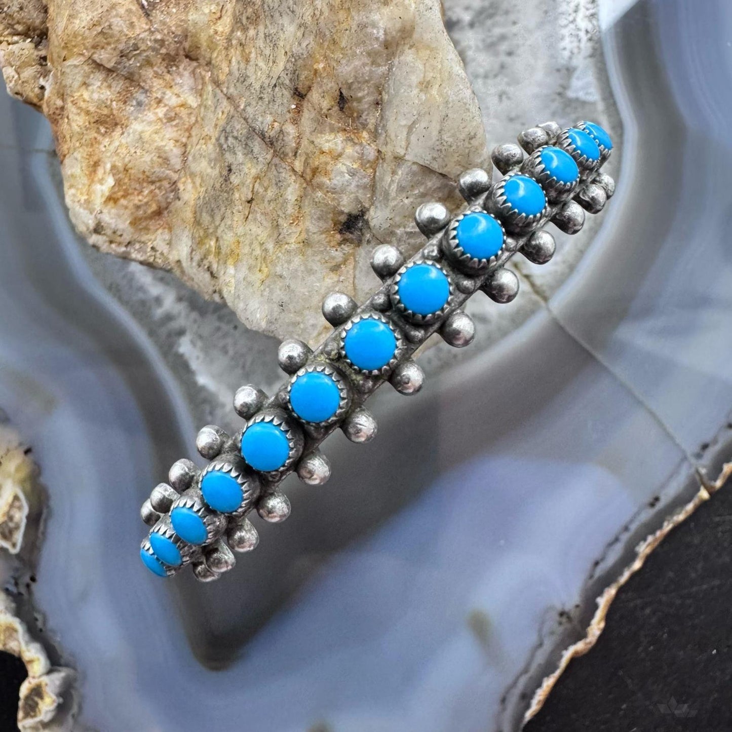 Vintage Native American Sterling Silver Petite Point Turquoise Row Bracelet For Women