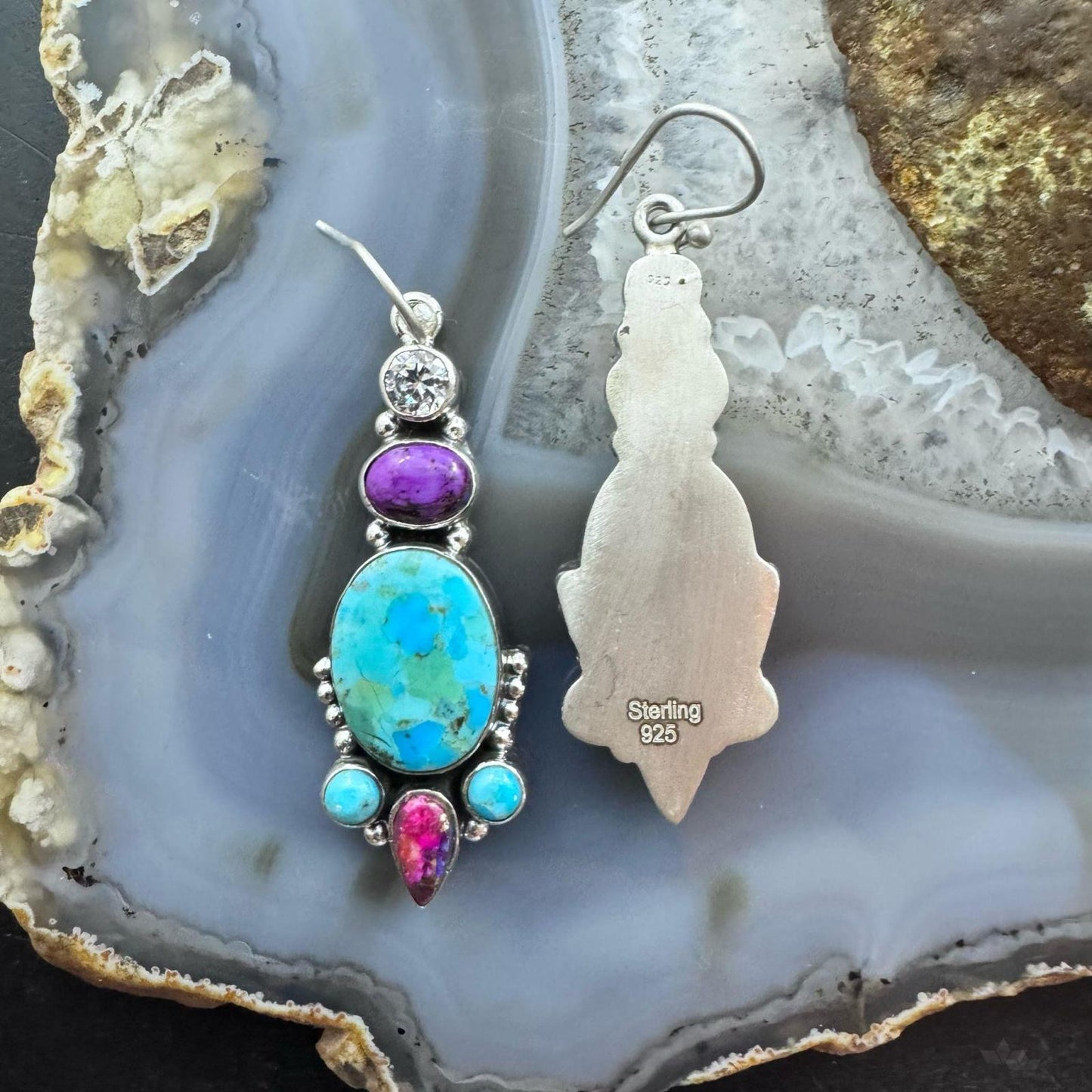 Sterling Silver Southwestern Style Turquoise,Purple Dahlia & CZ Dangle Earrings for Women