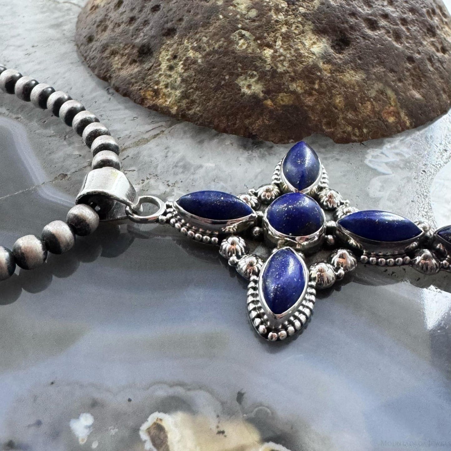 Sterling Silver Southwestern Style 6 Lapis Decorated Cross Pendant For Women #1