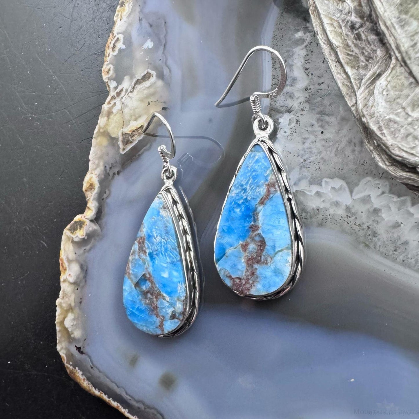 Sterling Silver Southwesten Style Teardrop Blue Apatite Dangle Earrings For Women