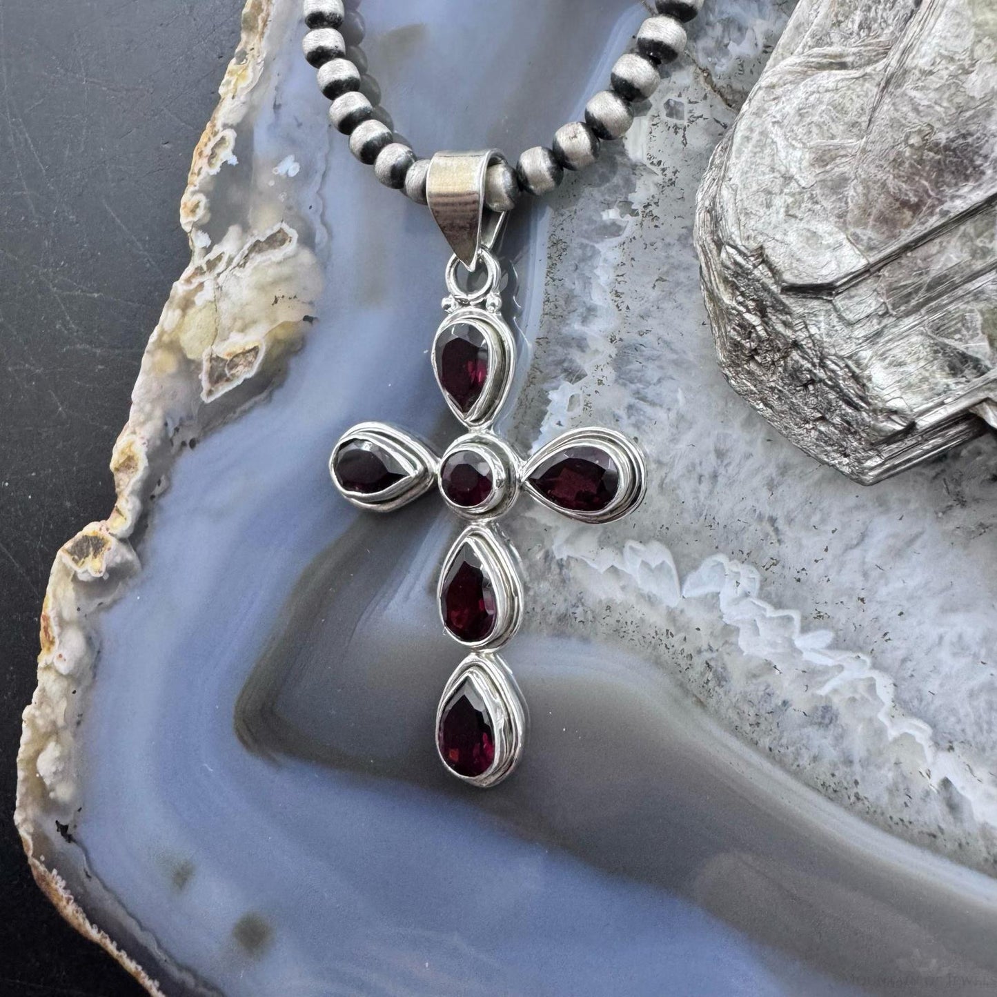 Sterling Silver Southwestern Style Garnet Decorated Cross Pendant For Women