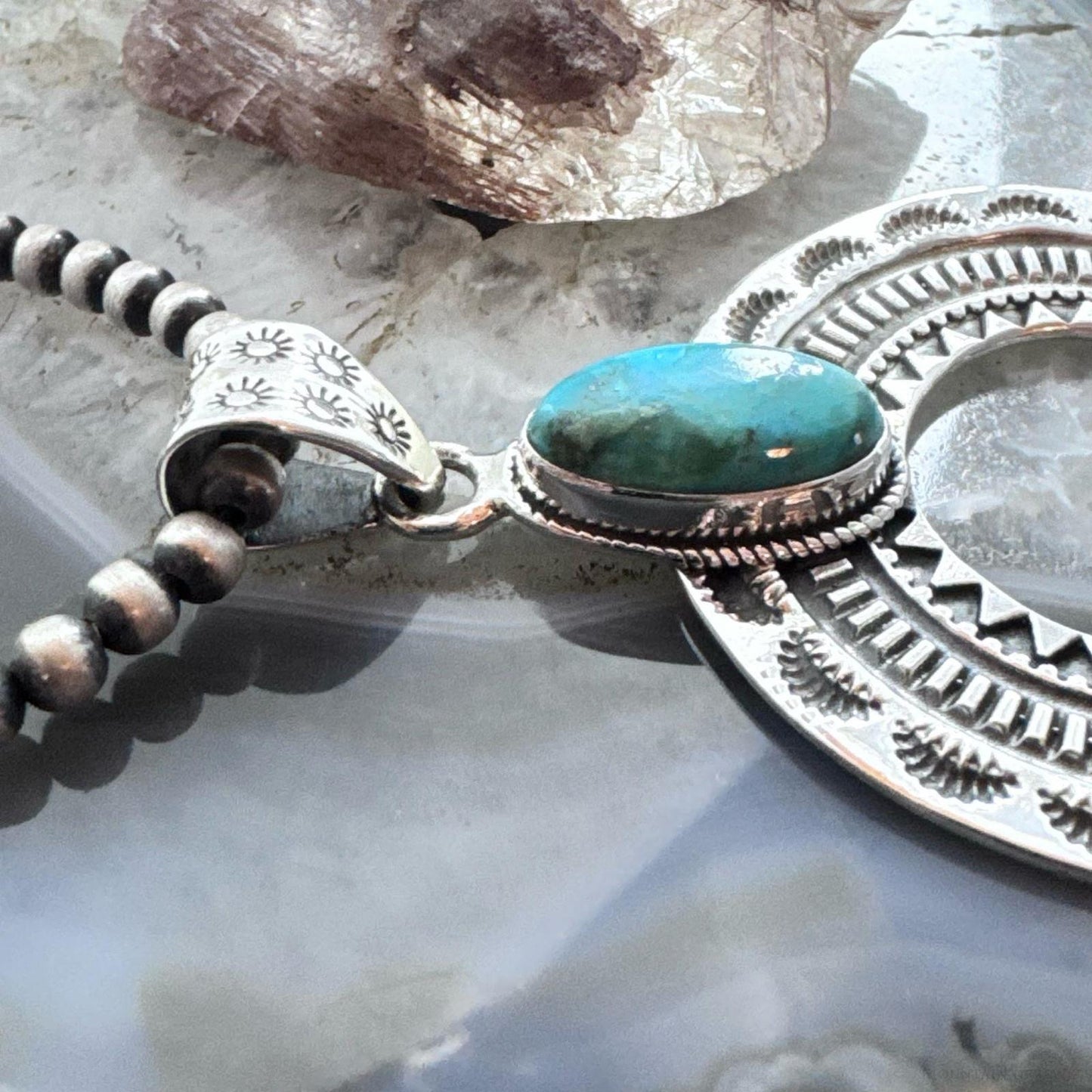 Sterling Silver Southwestern Style Oval Turquoise Stamped Naja Unisex Pendant