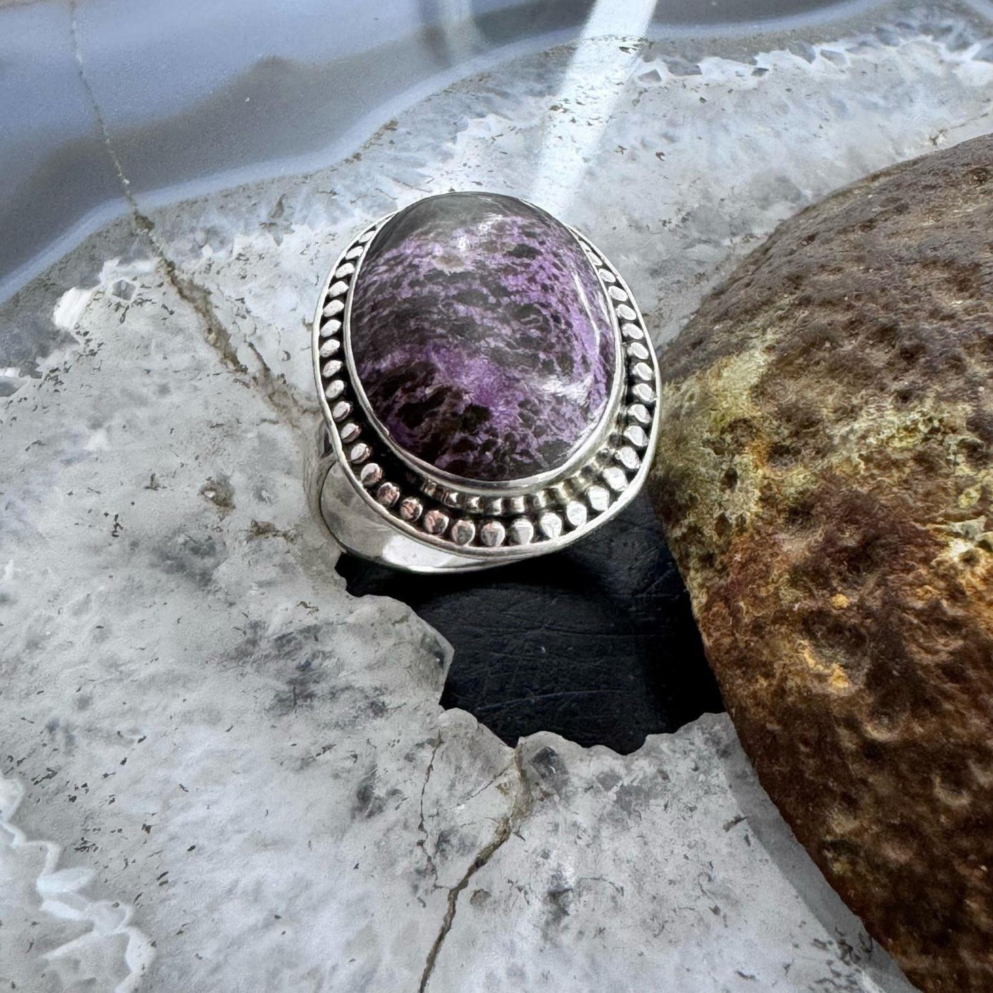 Sterling Silver Southwestern Style Oval Purpurite Decorated Ring Size 8 For Women