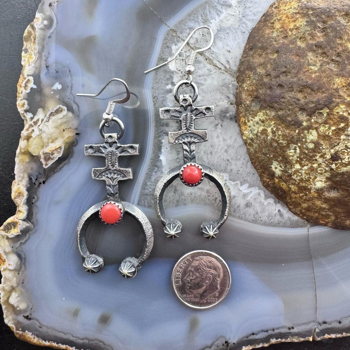 Kevin Billah Native American Sterling Silver Coral Native Cross Dangle Earrings For Women
