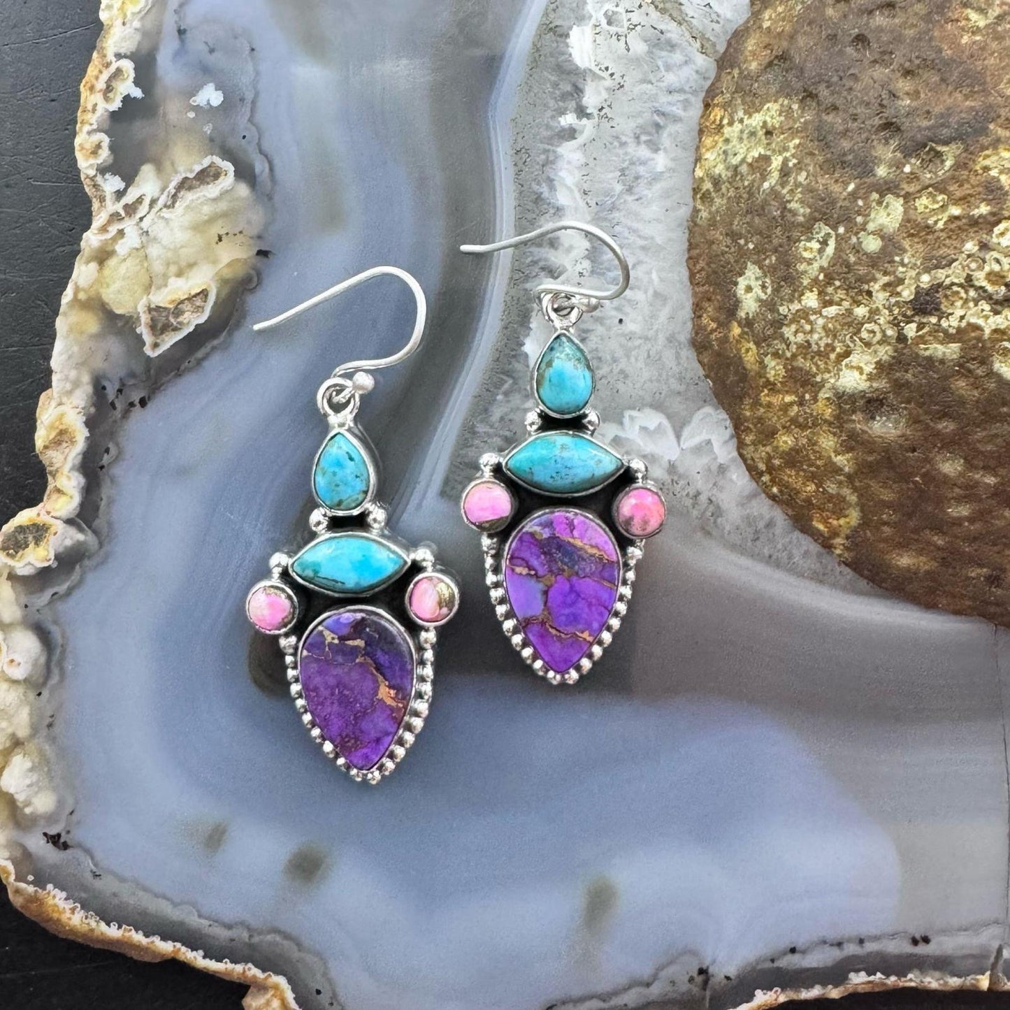 Sterling Silver Southwestern Style Turquoise, Pink & Purple Dahlia Dangle Earrings For Women