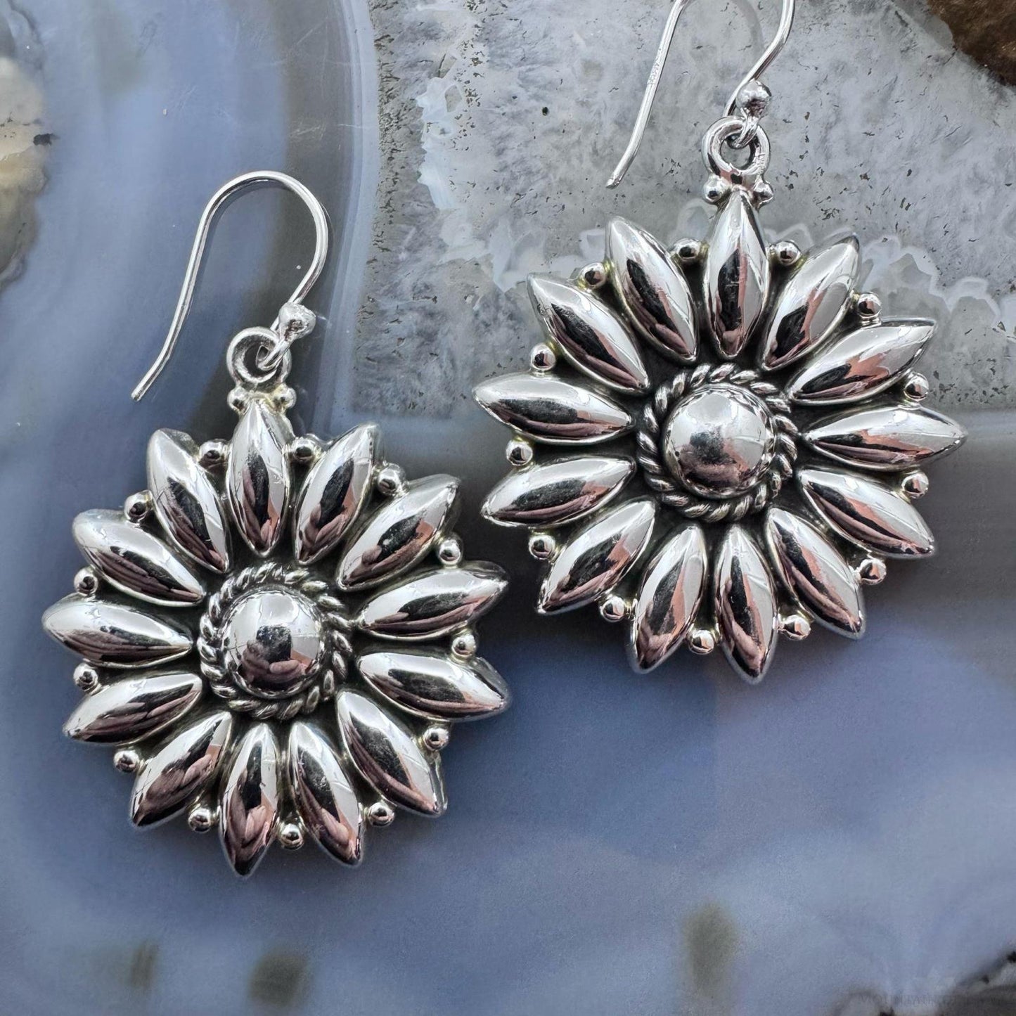 Sterling Silver Southwestern Style Decorated Flower Silver Dangle Earrings For Women