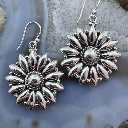 Sterling Silver Southwestern Style Decorated Flower Silver Dangle Earrings For Women