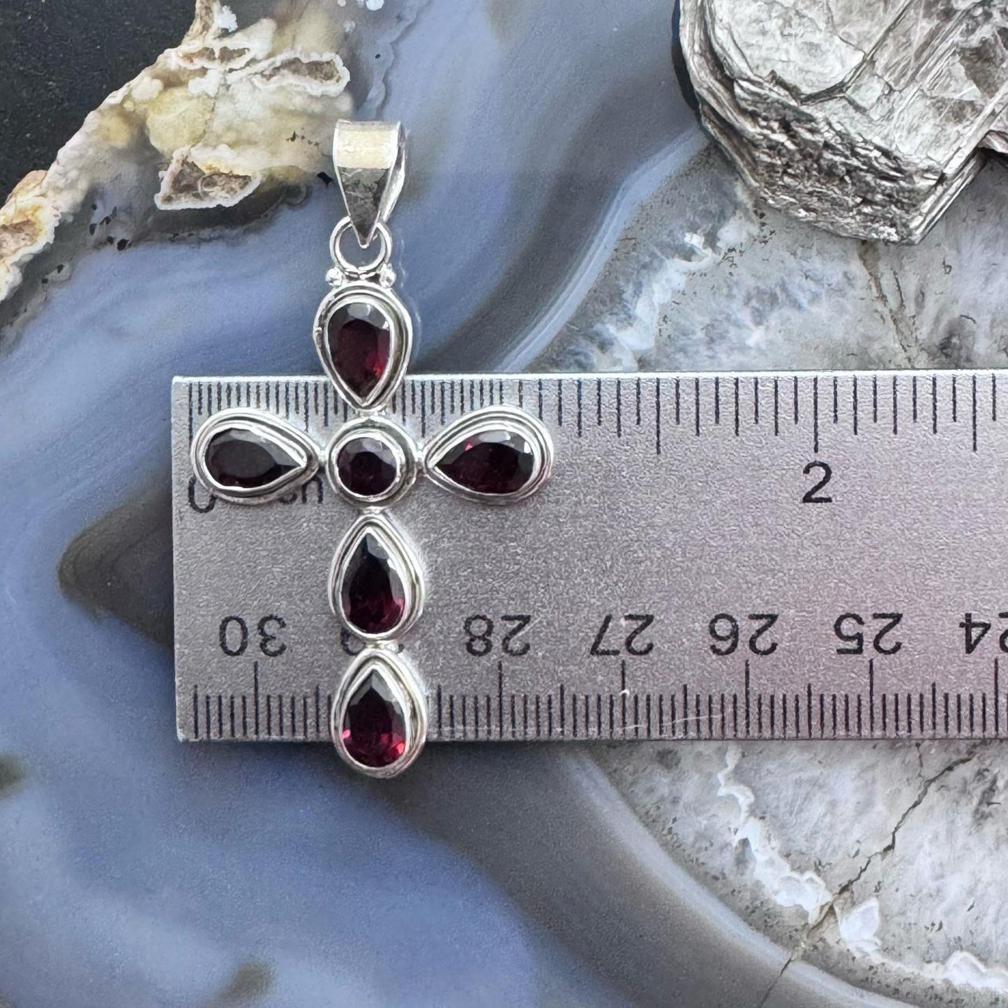 Sterling Silver Southwestern Style Garnet Decorated Cross Pendant For Women