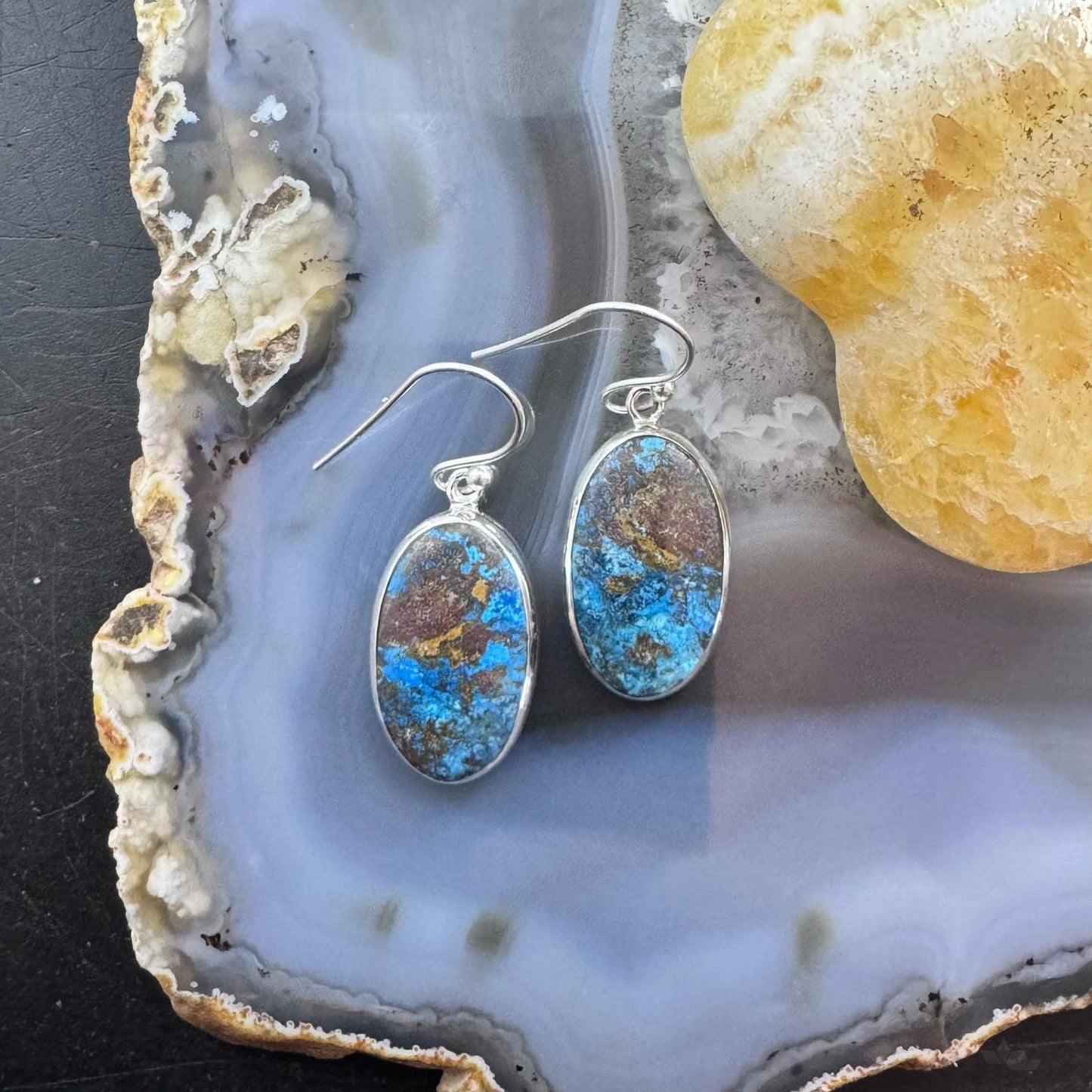 Sterling Silver Southwestern Style Oval Chrysocolla Dangle Earrings For Women
