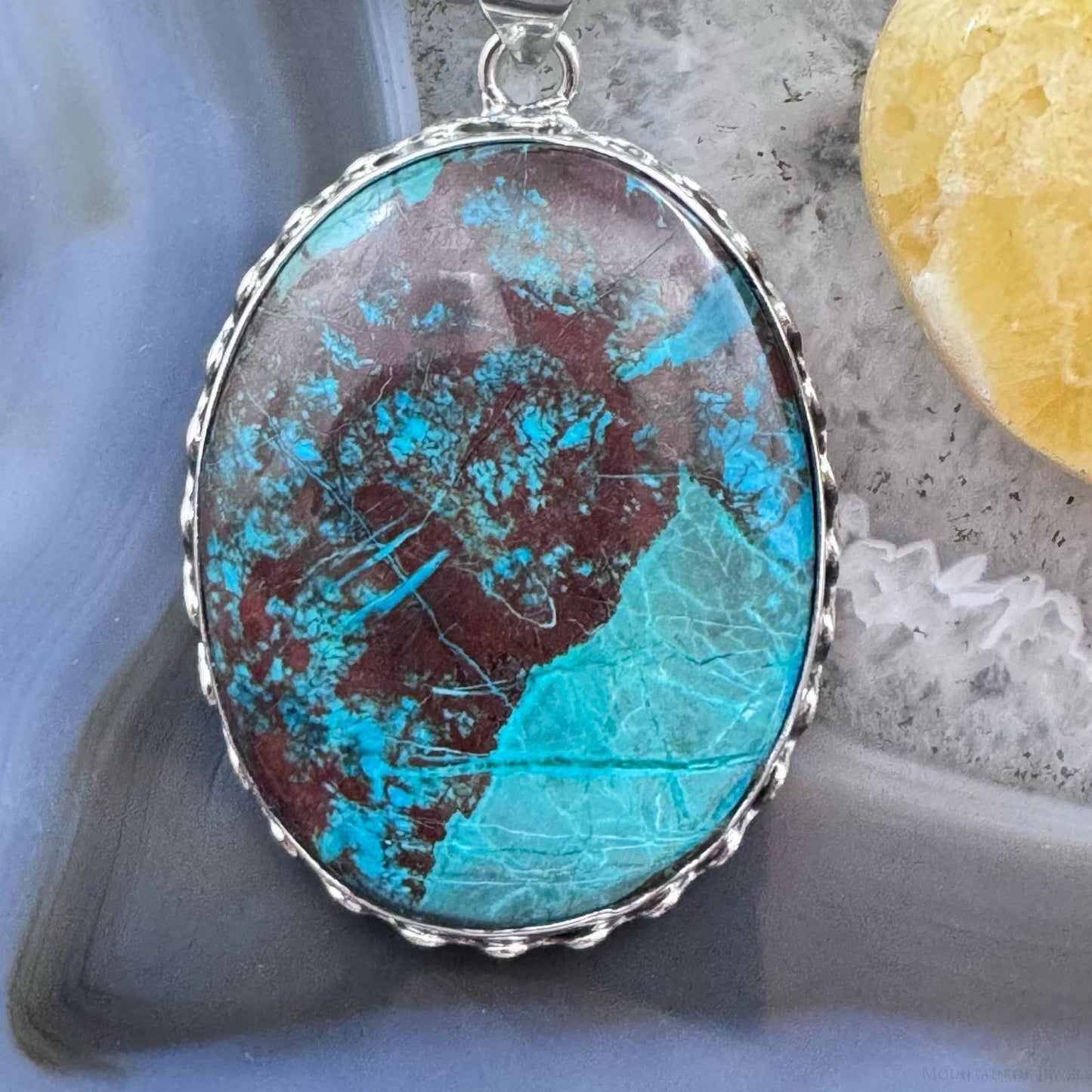 Sterling Silver Southwestern Style Large Oval Green Turquoise Pendant For Women