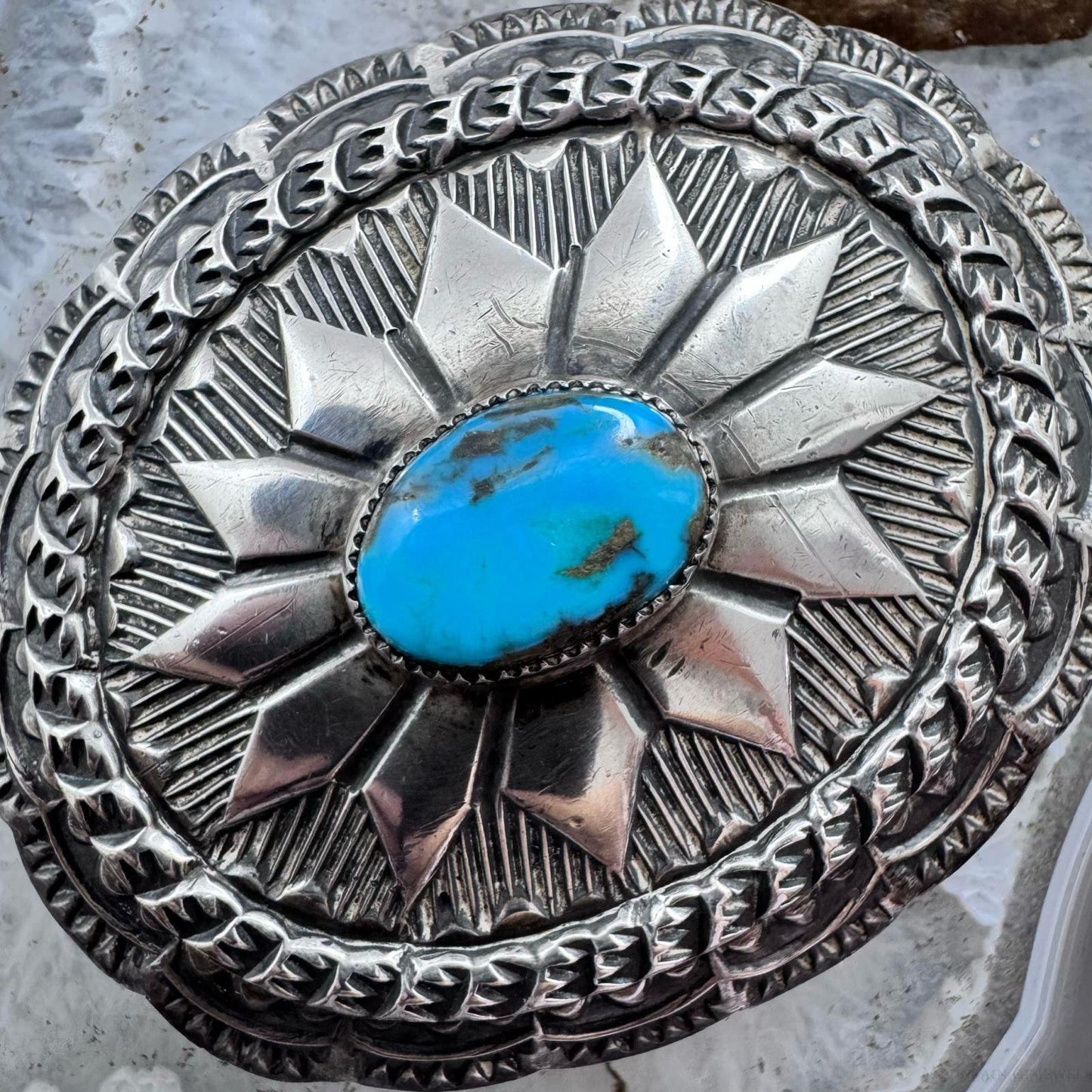 Vintage Native American Sterling Silver Turquoise Stamped Oval Belt Buckle For Men