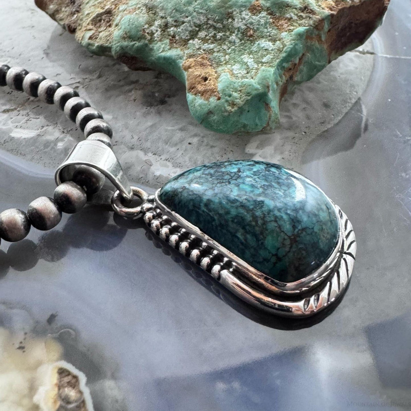 Sterling Silver Southwestern Style Matrixed Natural Green Turquoise Pendant For Women