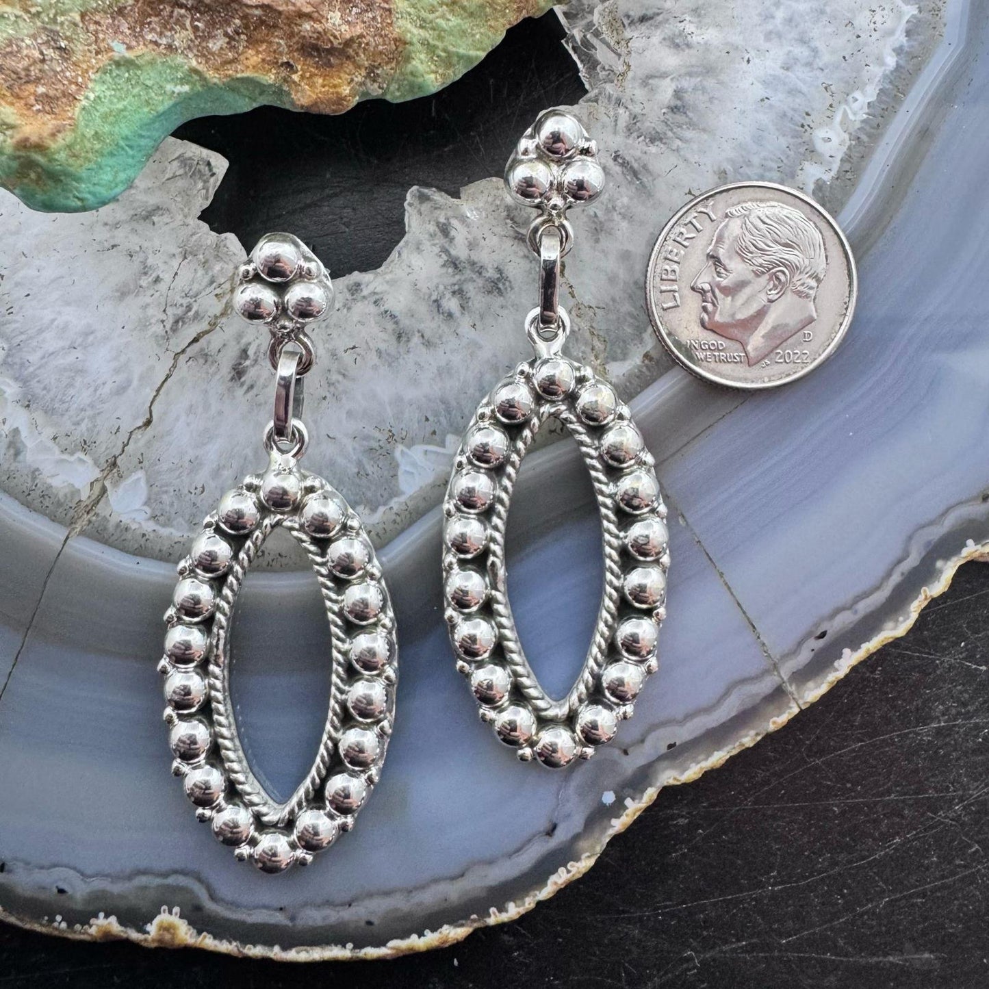 Southwestern Style Sterling Silver Open Oval Decorated Dangle Earrings For Women