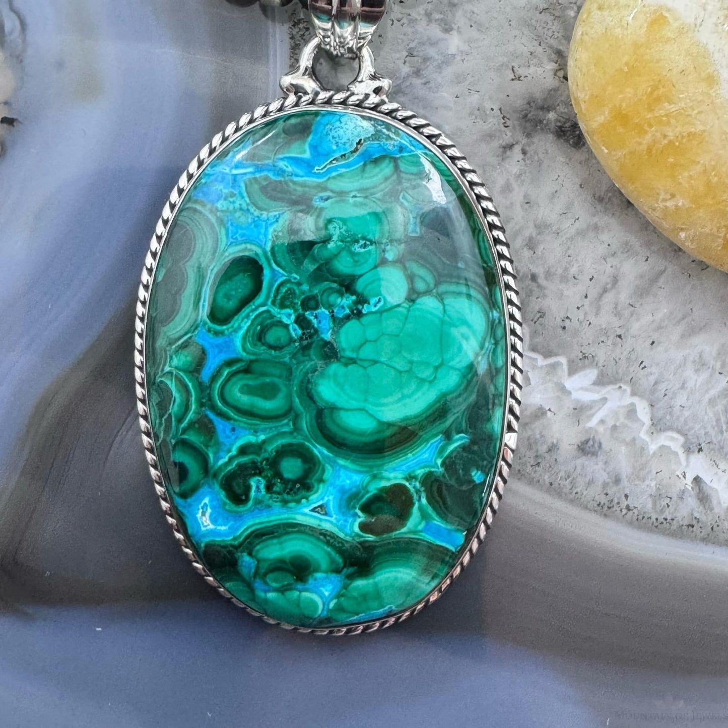 Sterling Silver Southwestern Style Oval Azurite Malachite Unisex Pendant