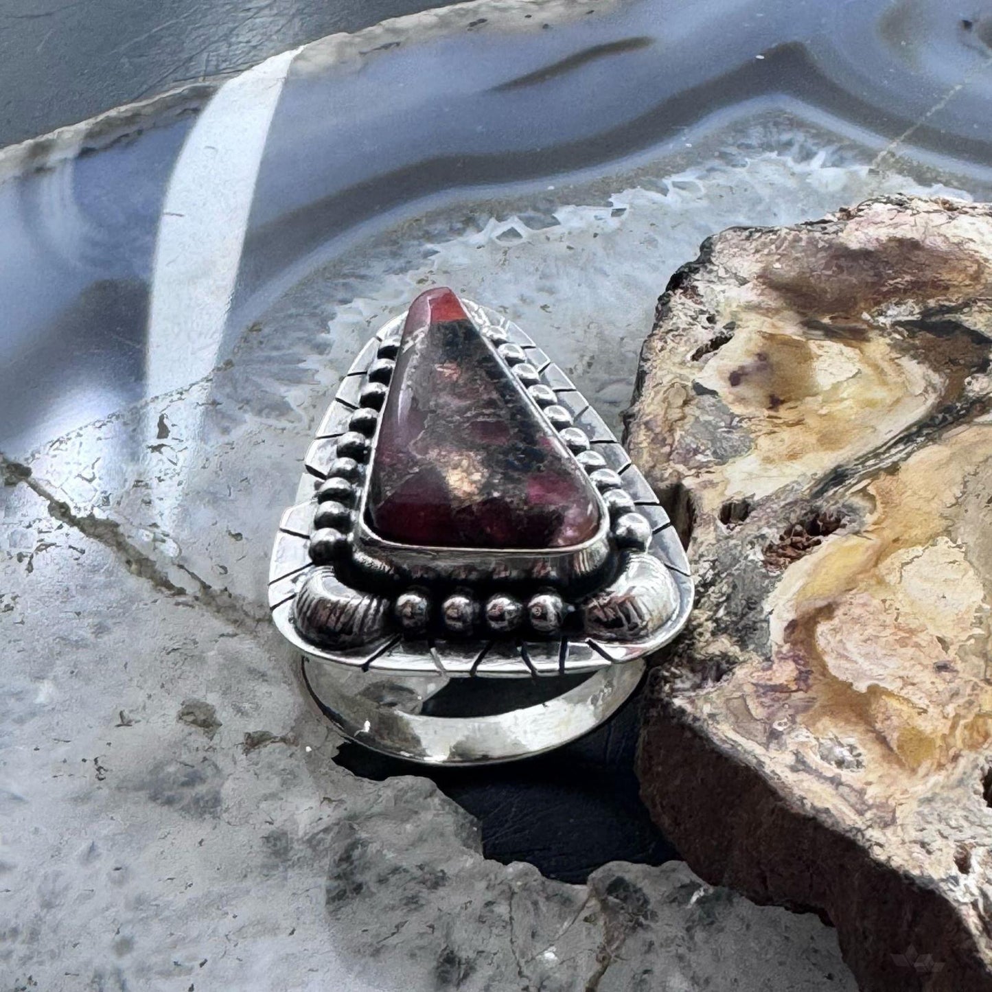 Sterling Silver Southwestern Style Triangle Red Moss Agate Ring Size 10 For Women