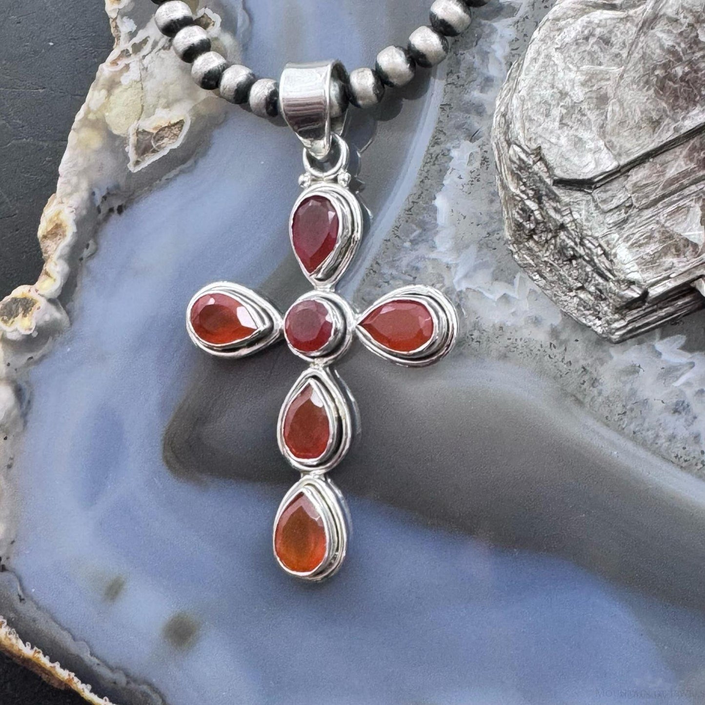 Sterling Silver Southwestern Style Carnelian Decorated Cross Pendant For Women