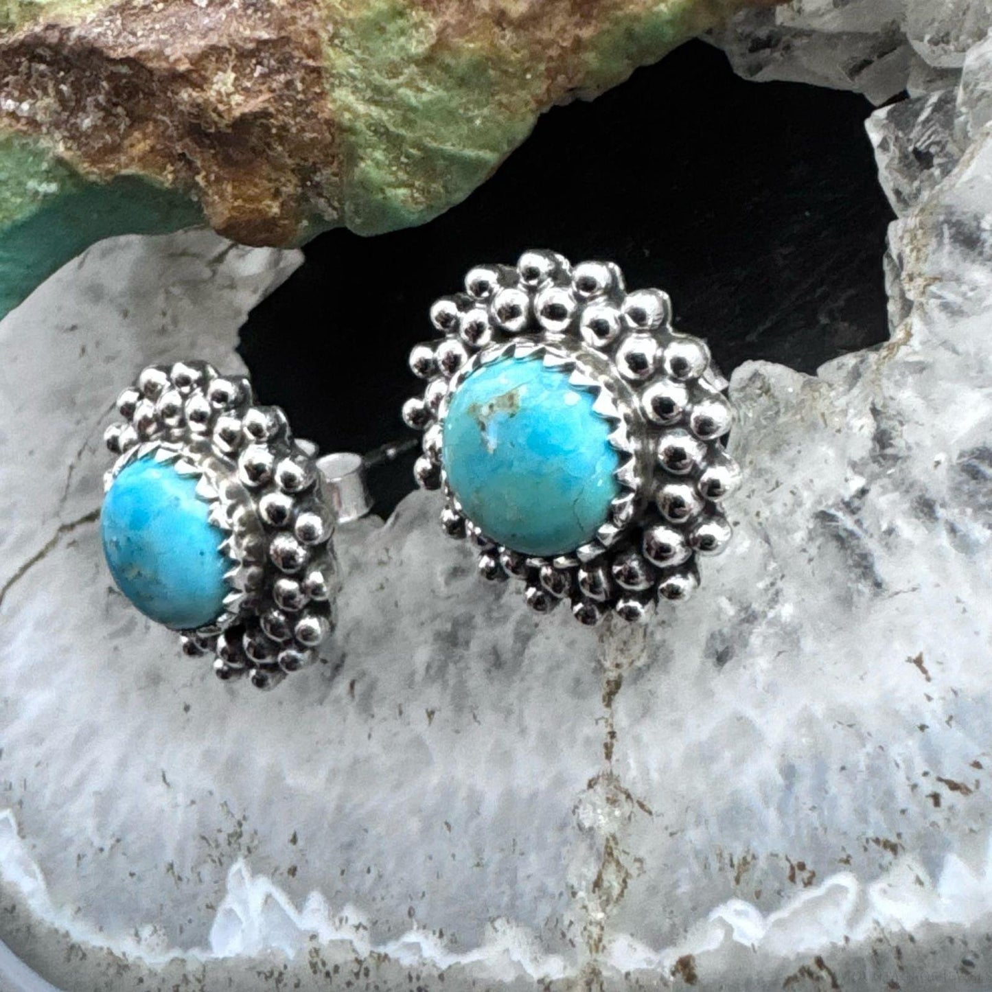 Sterling Silver Southwestern Style Rounded Turquoise Decorated Stud Earrings For Women