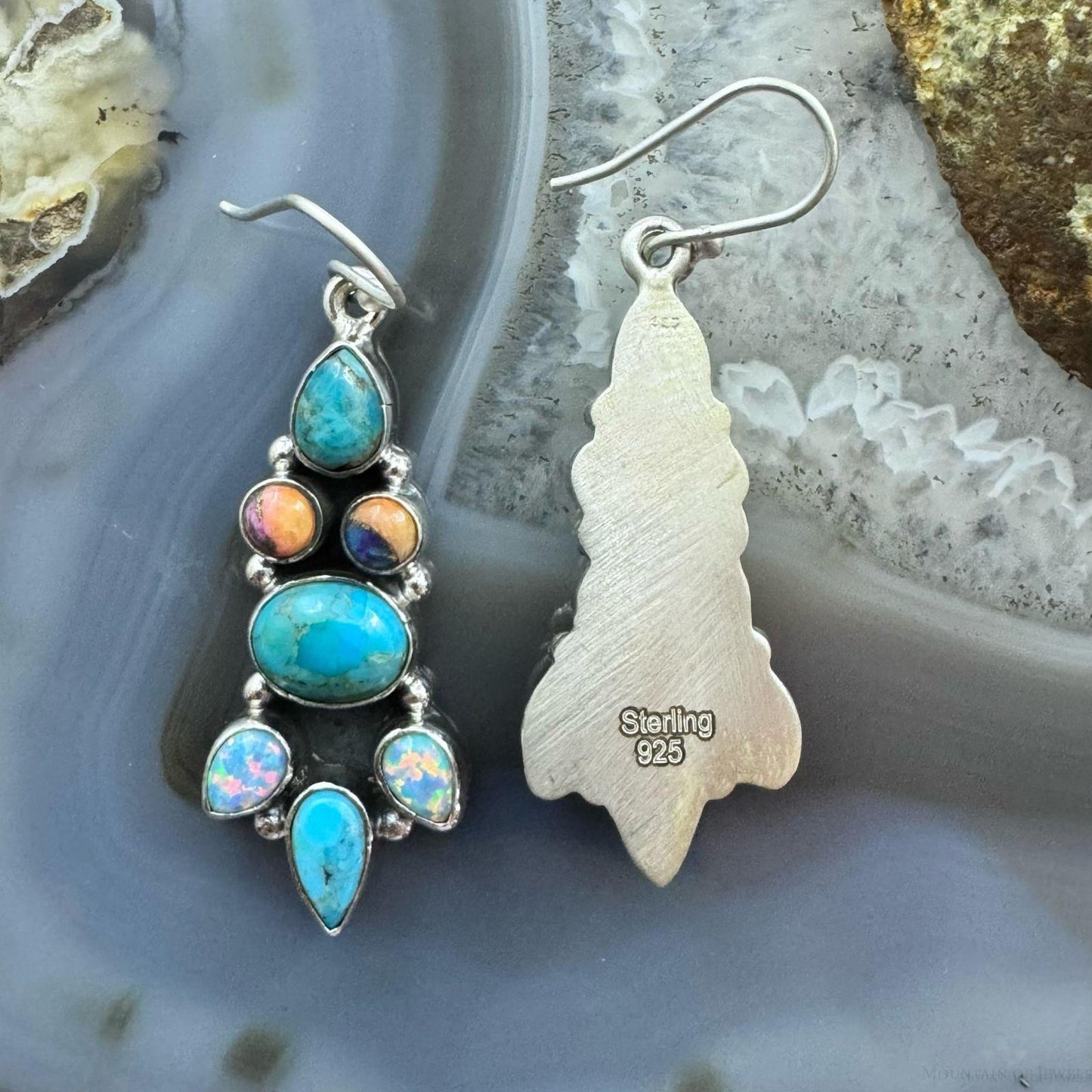 Sterling Silver Southwestern  Style Turquoise, Opal, Pink Dahlia Dangle Earrings For Women