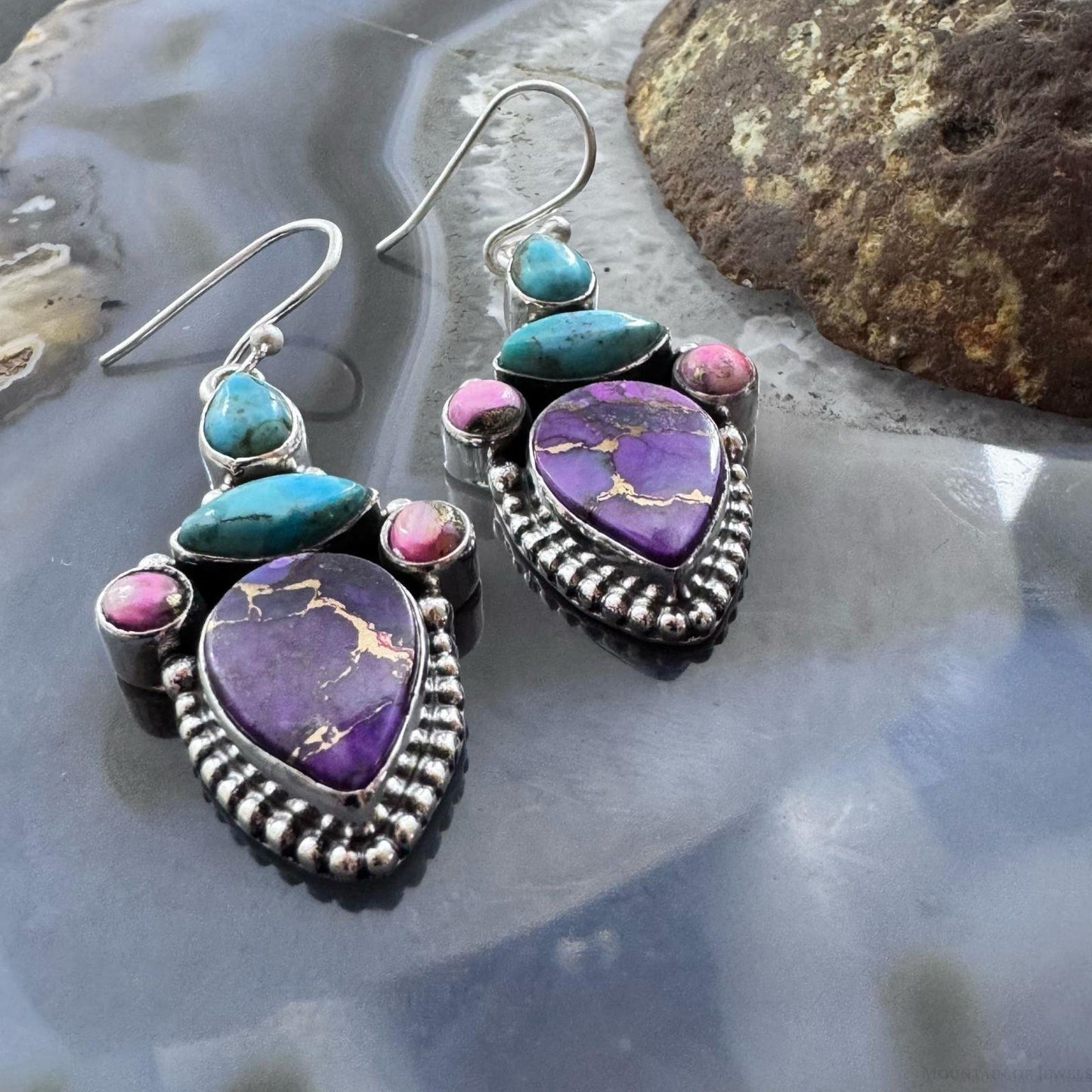 Sterling Silver Southwestern Style Turquoise, Pink & Purple Dahlia Dangle Earrings For Women