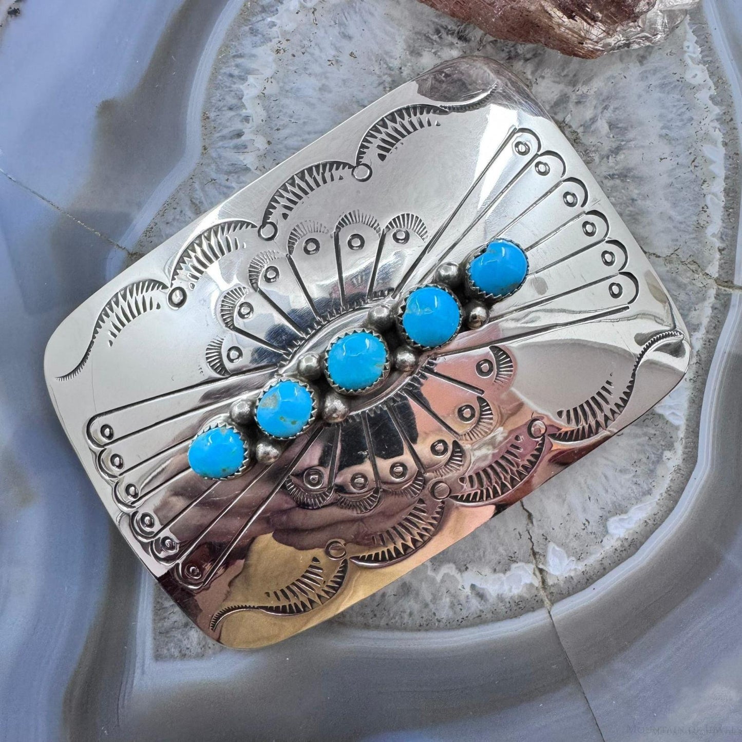 Joann Begay Native American Sterling Silver Turquoise Stamped Belt Buckle For Men