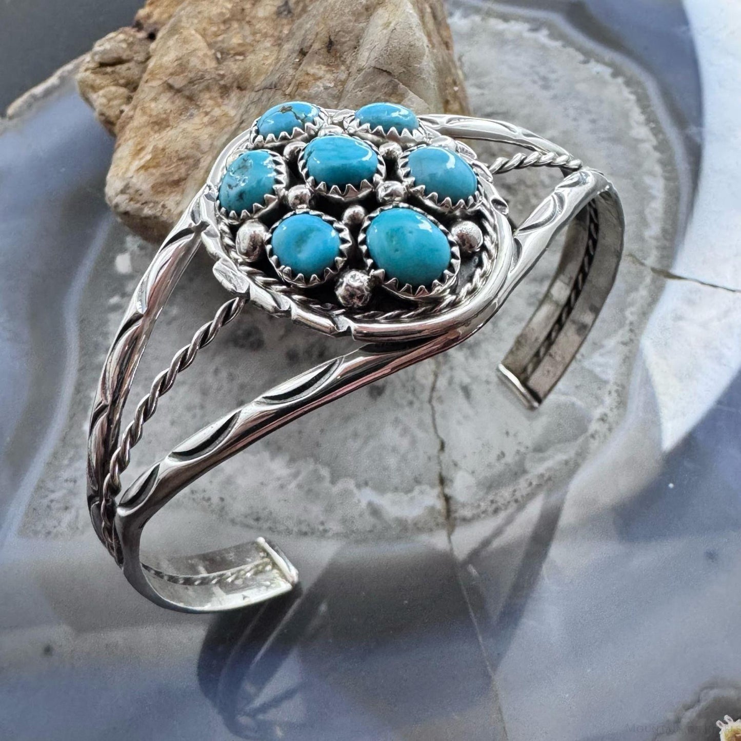 Melvin Chee Native American Sterling Silver KingmanTurquoise Cluster Bracelet For Women