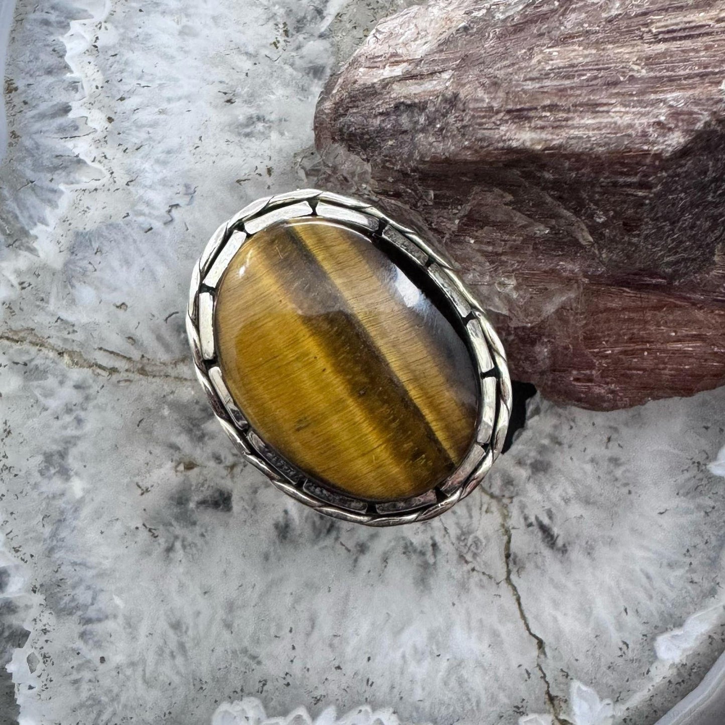 Sterling Silver Southwestern Oval Tiger's Eye Decorated Ring Size 9.5 For Women