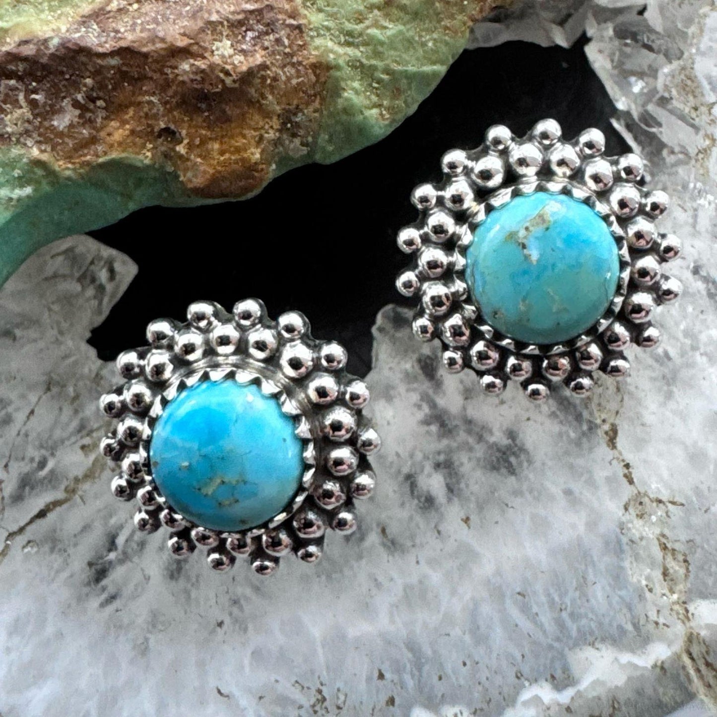 Sterling Silver Southwestern Style Rounded Turquoise Decorated Stud Earrings For Women