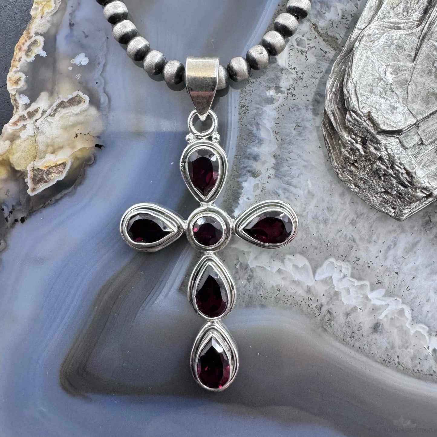 Sterling Silver Southwestern Style Garnet Decorated Cross Pendant For Women