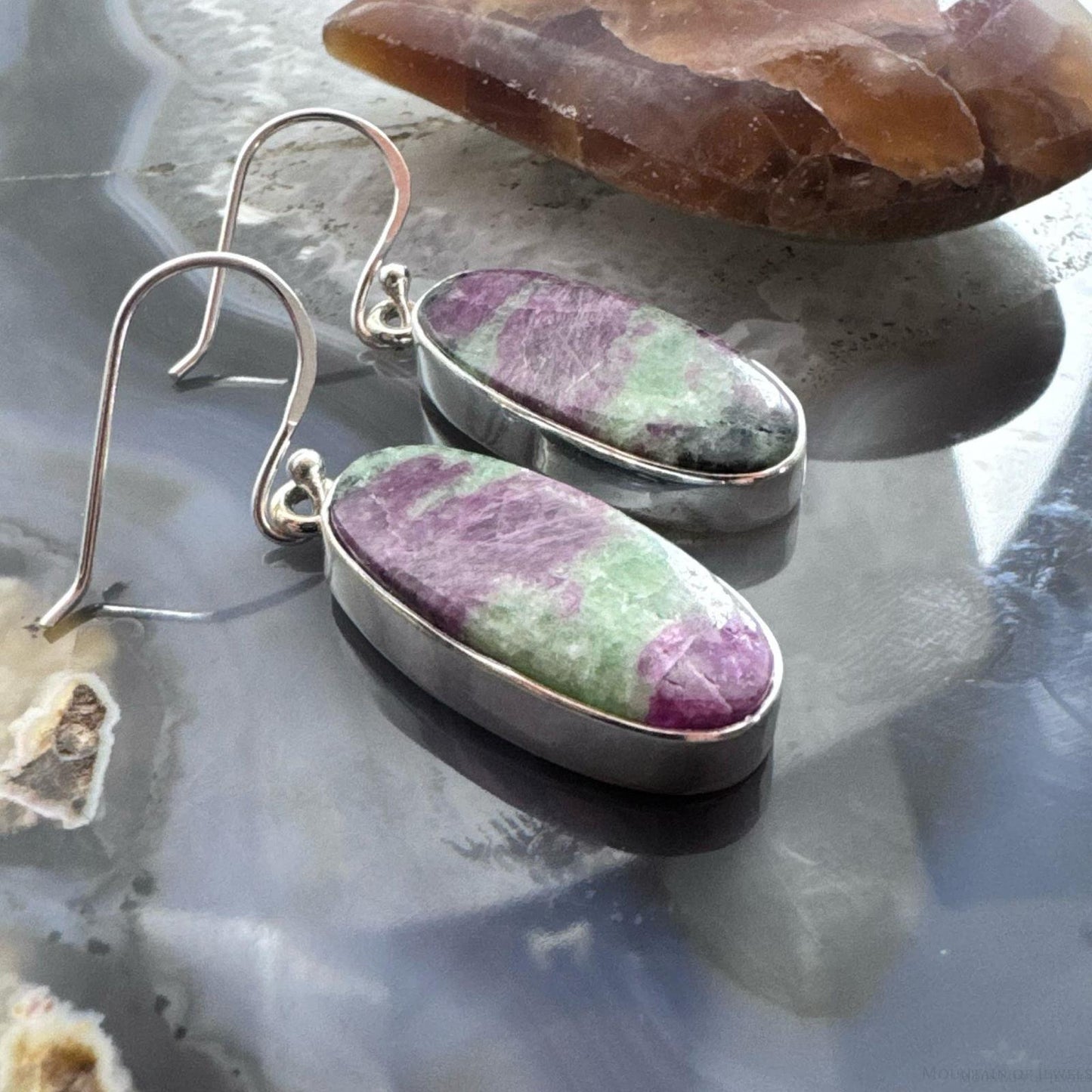 Sterling Silver Southwestern Style Oval Ruby Zoisite Dangle Earrings For Women