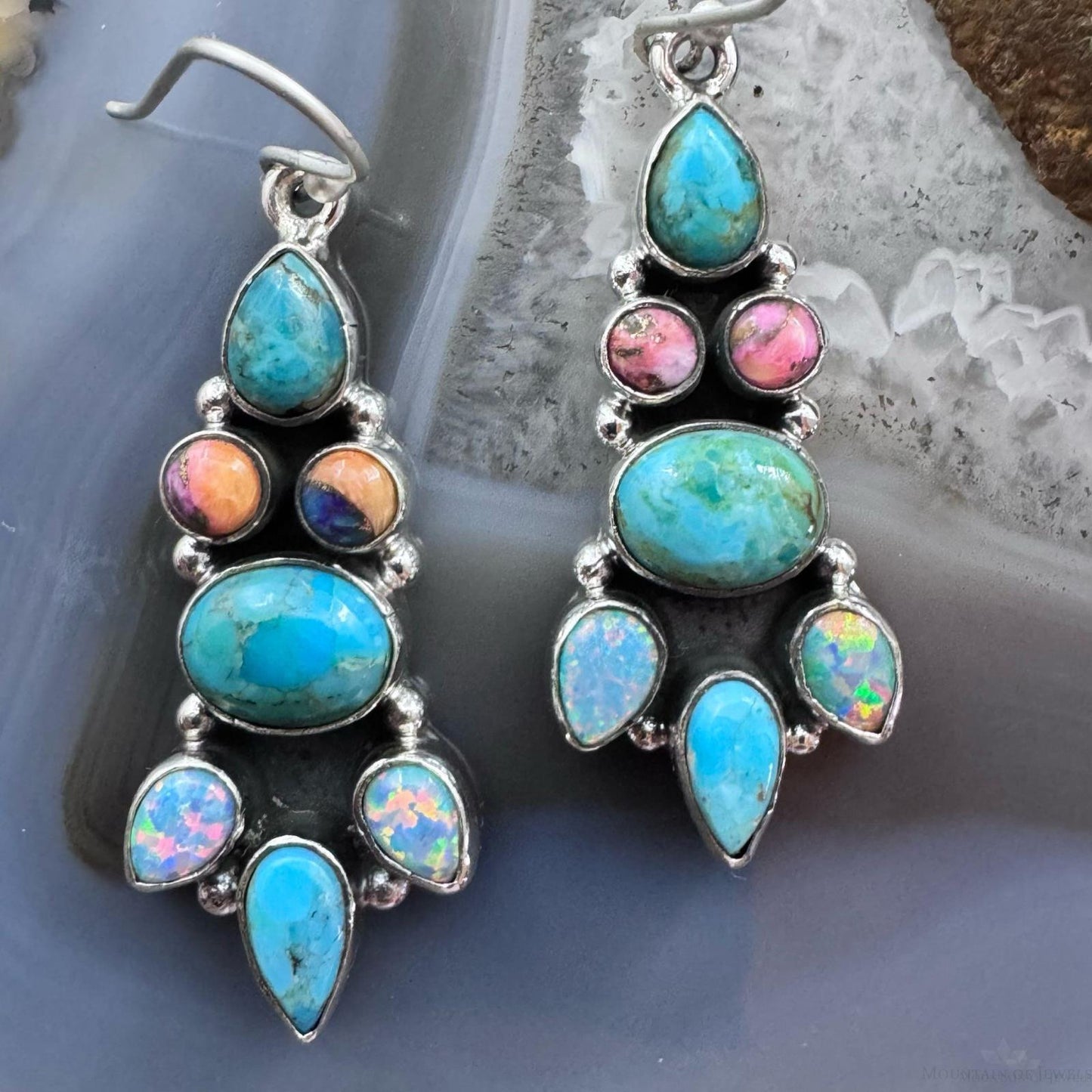 Sterling Silver Southwestern  Style Turquoise, Opal, Pink Dahlia Dangle Earrings For Women