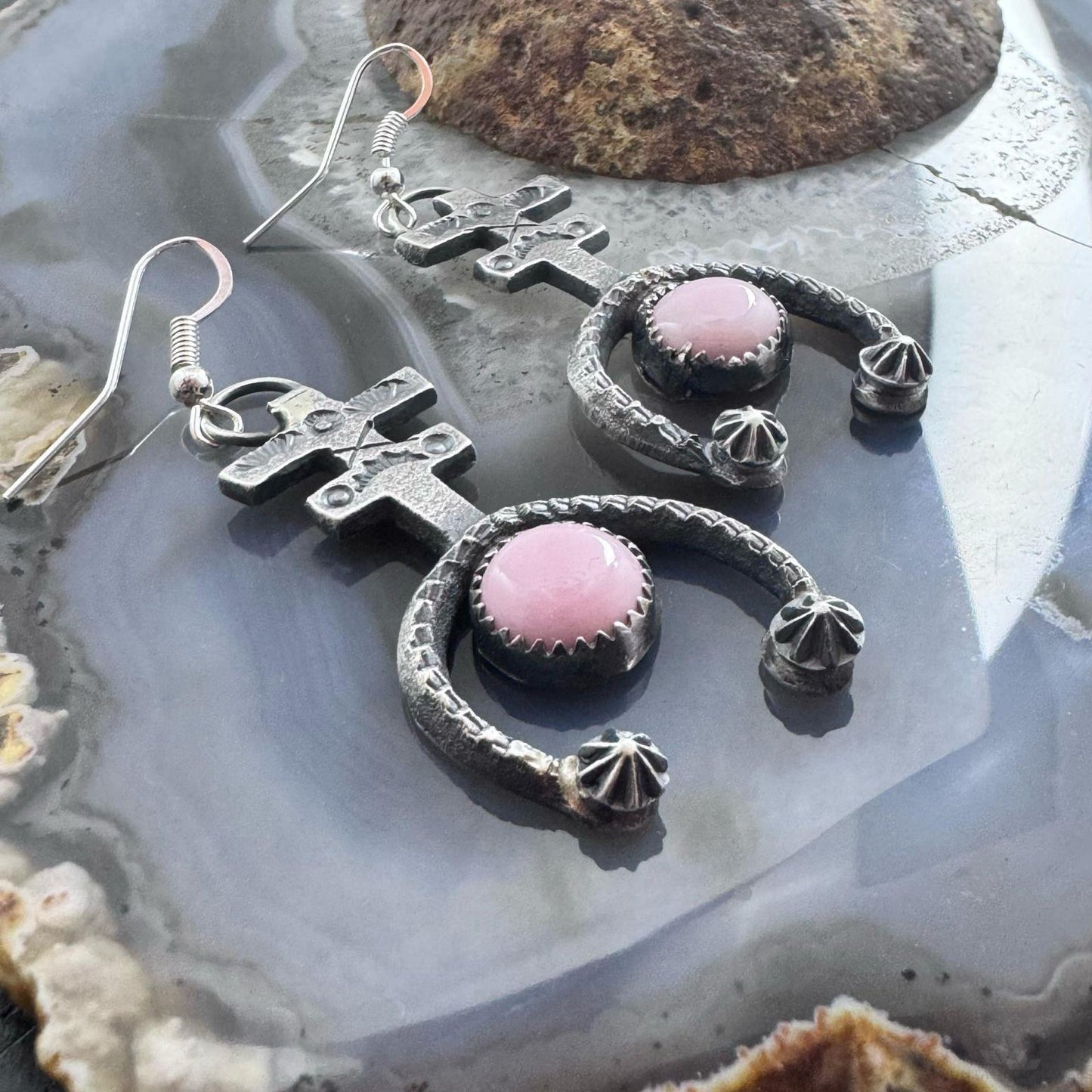 Eva & Linberg Billah Sterling Silver Sandcast Pink Conch Cross Dangle Earrings For Women