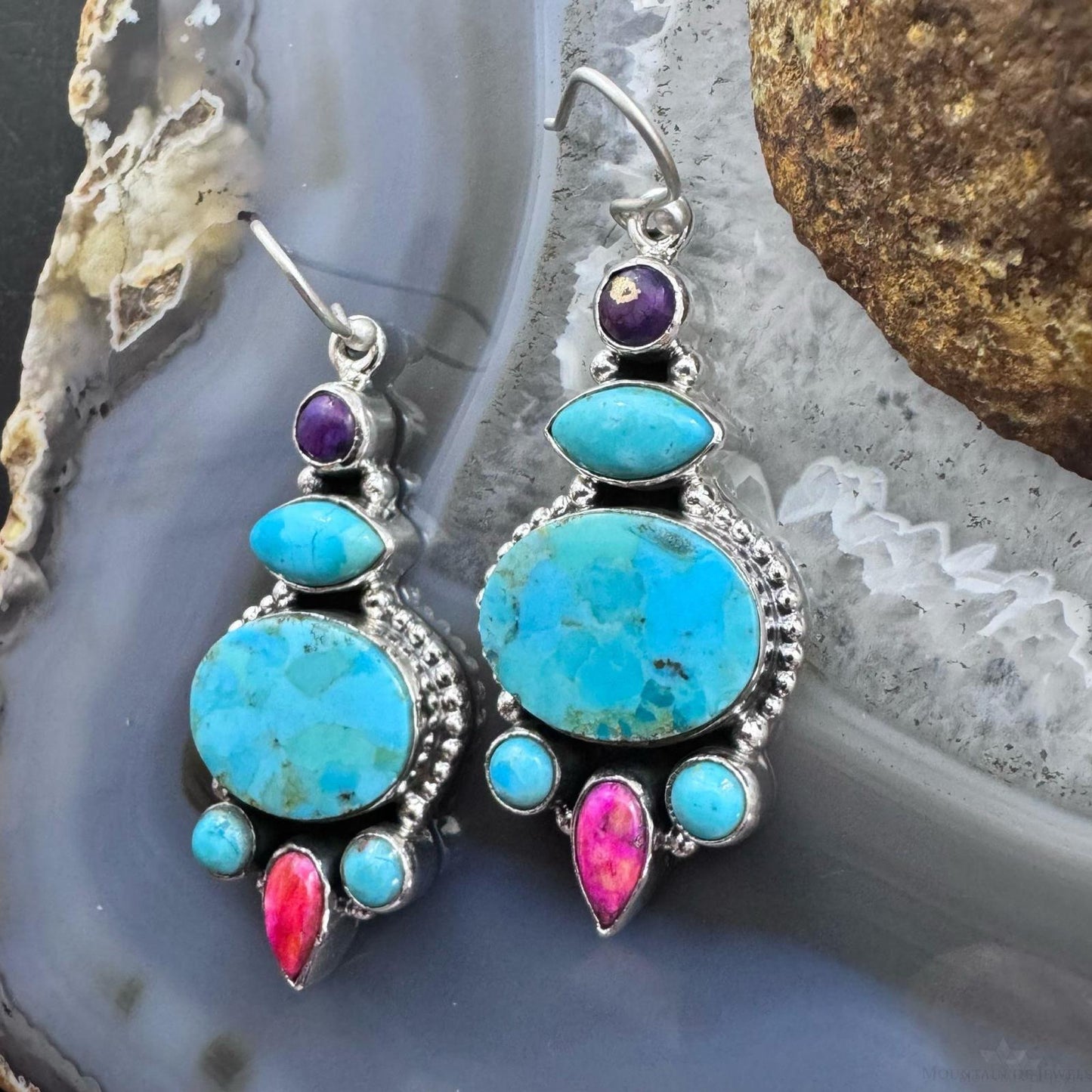 Sterling Silver Southwestern Style Turquoise, Pink & Purple Dahlia Dangle Earrings For Women