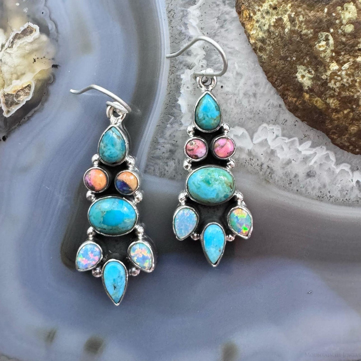 Sterling Silver Southwestern  Style Turquoise, Opal, Pink Dahlia Dangle Earrings For Women