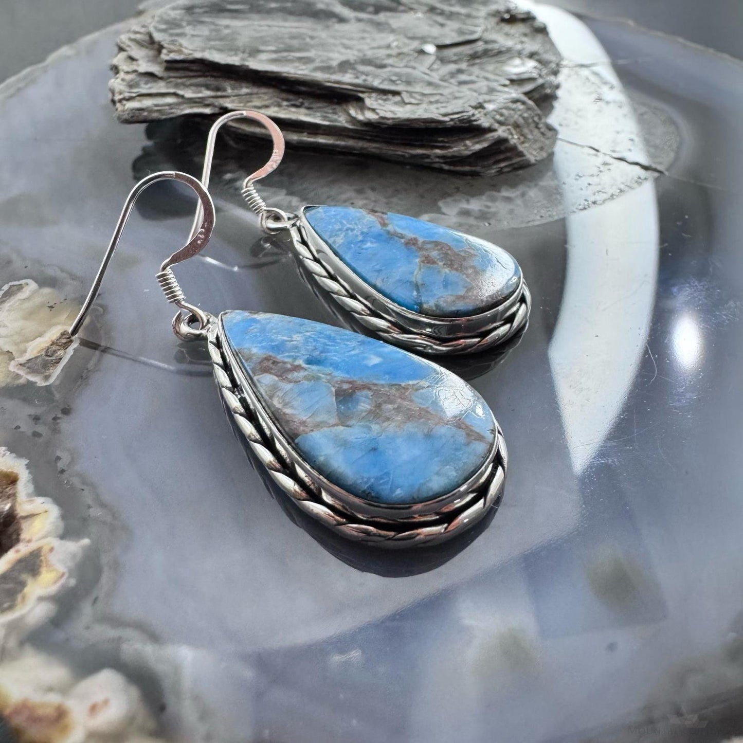 Sterling Silver Southwesten Style Teardrop Blue Apatite Dangle Earrings For Women