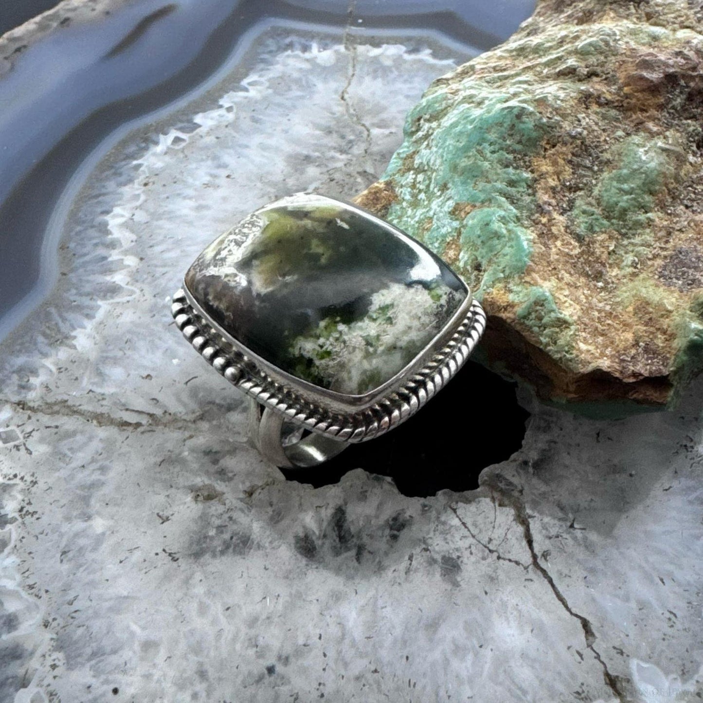 Sterling Silver Southwestern Style Chrome Chalcedony Bar Ring Size 7 For Women