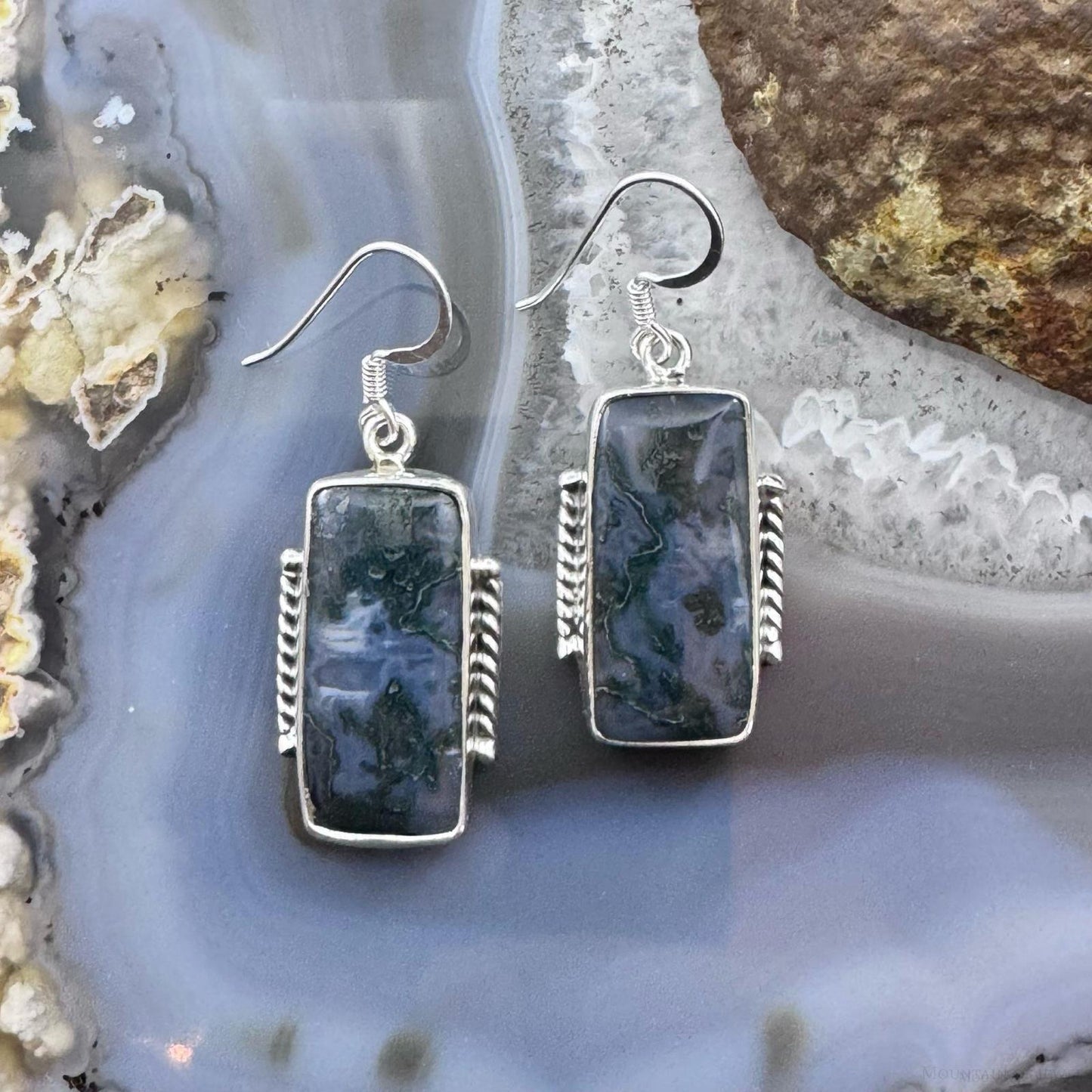 Sterling Silver Southwestern Style Rectangle Moss Agate Dangle Earrings For Women