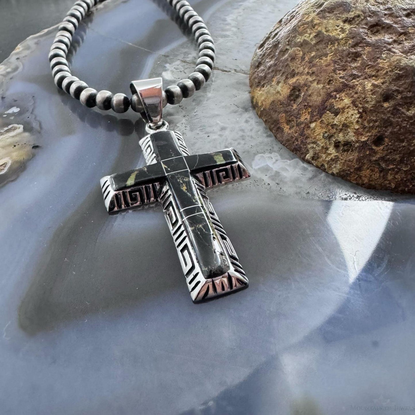 Native American Sterling Silver Inlay Blackjack Decorated Cross Unisex Pendant