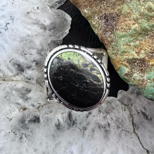 Native American Sterling Silver Oval Blackjack Decorated Ring Size 8.5 For Women