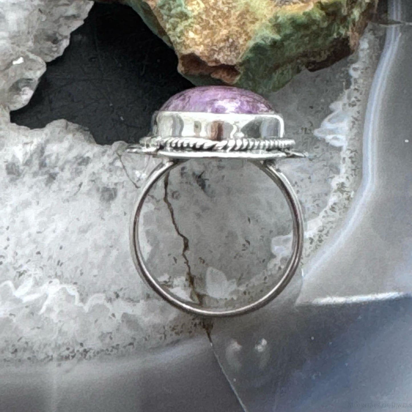 Sterling Silver Southwestern Style Teardrop Purpurite Decorated Ring Size 7.5 For Women