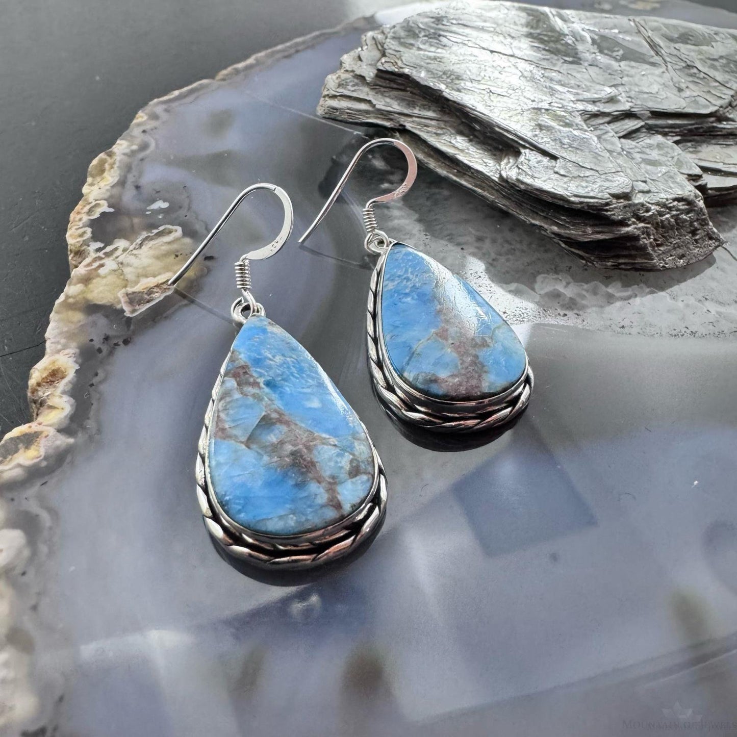 Sterling Silver Southwesten Style Teardrop Blue Apatite Dangle Earrings For Women