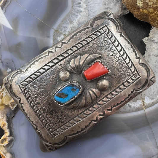 Vintage Richard Henry Yazzie Native American Silver Turquoise & Coral Belt Buckle For Men