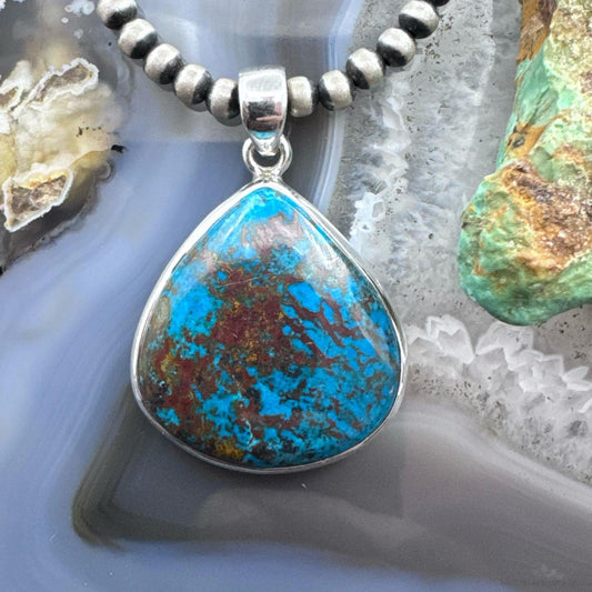 Sterling Silver Southwestern Style Wide Teardrop Chrysocolla Pendant For Women